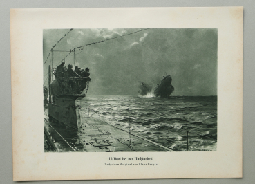 Marine / U-Boot Unterseeboot / bei Nachtarbeit / versenkt Dampfer / 1914-1918 / 1920er Jahre / 1. Weltkrieg 1.WK WWI / Patriotik Kunst Druck